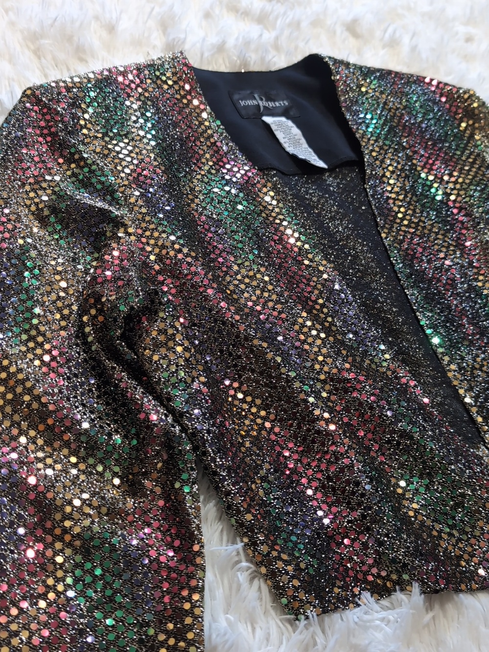 90s Rainbow Sequin Gold Sparkly Metallic John Roberts Vintage Party Jacket - Picture 2 of 10